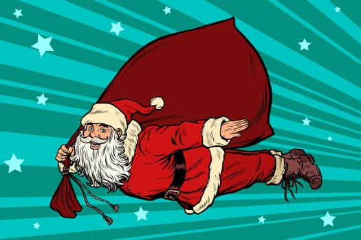 Santa Claus superhero is flying with a bag of gifts. Pop art retro vector illustration kitsch vintage