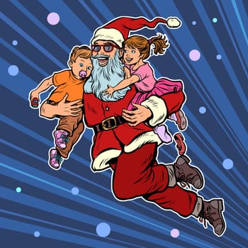 Santa Claus with children. Christmas and New year. Pop art retro vector illustration kitsch vintage
