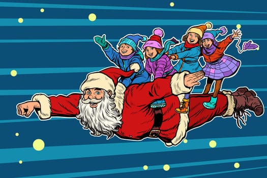 superhero Santa Claus with children. Christmas and New year. Pop art retro vector illustration kitsch vintage