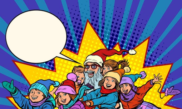 Santa Claus with children. Christmas and New year. Pop art retro vector illustration kitsch vintage