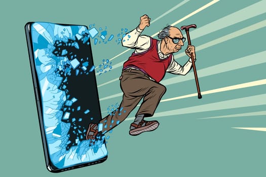 old man retired grandfather Phone gadget smartphone. Online Internet application service program. Pop art retro vector illustration drawing vintage kitsch
