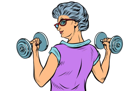 fitness dumbbells sport activity Woman grandmother pensioner elderly lady. Pop art retro vector illustration drawing vintage kitsch