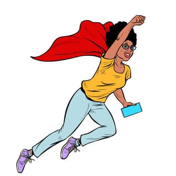 african superhero flying active strong Woman grandmother pensioner elderly lady. Pop art retro vector illustration drawing vintage kitsch