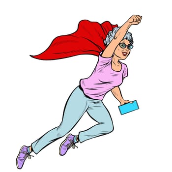 superhero flying active strong Woman grandmother pensioner elderly lady. Pop art retro vector illustration drawing vintage kitsch