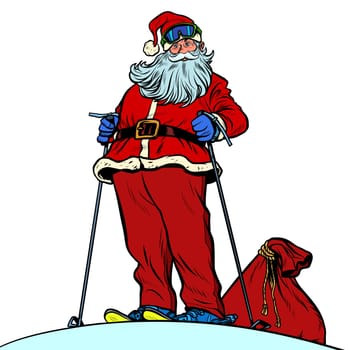 Skier Santa Claus character merry Christmas and happy new year. Pop art retro vector illustration vintage kitsch drawing 50s 60s