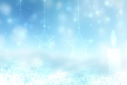 Christmas card template. Abstract festive light blue white winter christmas landscape background texture with three large stars and a burning blue christmas candle. Beautiful backdrop.