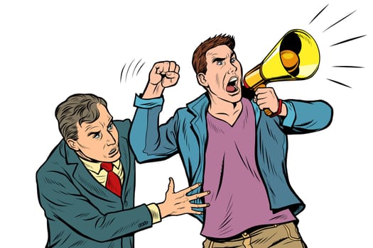 scared man in the street calms a protester with a megaphone. Democracy opposition freedom of speech. Pop art retro vector illustration drawing vintage kitsch