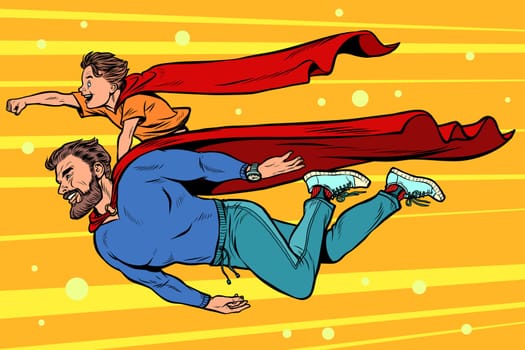 dad and son are superheroes. fatherhood and childhood. Pop art retro vector illustration kitsch vintage