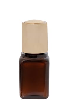 Cosmetic serum isolated. Close-uo of a brown glass bottle with a beige cap filled with beauty serum for face isolated on a white background. Concept beauty. Macro photograph.