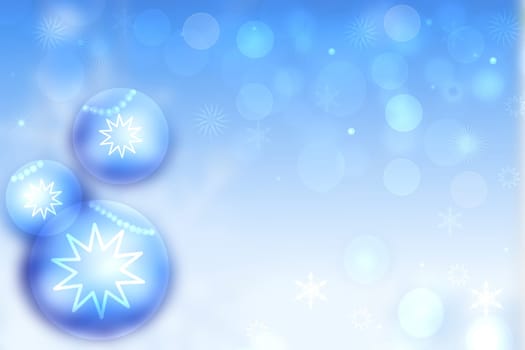 Christmas card template. Abstract festive light blue white winter christmas or New Year background texture with three large blue christmas balls and stars. Copy space for design.