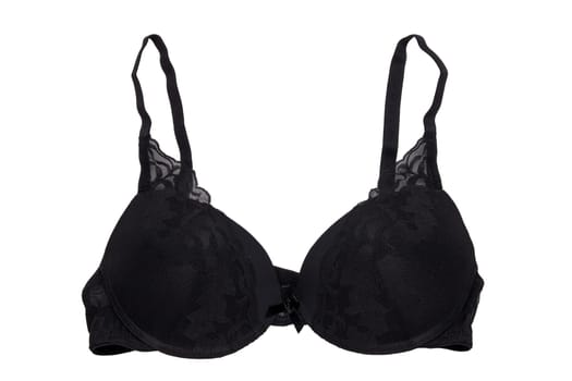 Bra isolated. Closeup of beautiful female stylish black bra with laces and straps isolated on a white background. Fashionable women underwear.