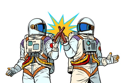 Two astronauts drink beer. Male friendship. Pop art retro vector illustration drawing vintage kitsch