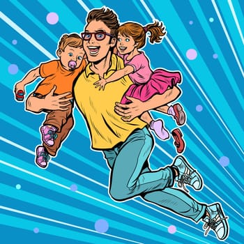 dad superhero flies and carries his daughter and son in his arms. paternity. Pop art retro vector illustration kitsch vintage