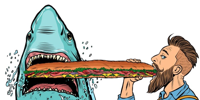 shark and man eating fast food sandwiches. Hunger and street food concept.. Pop art retro vector illustration drawing