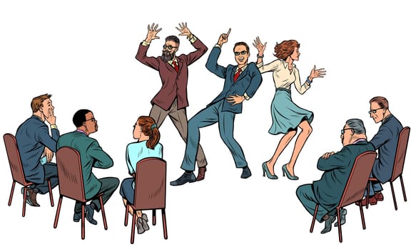 Dance competition. Dancing people and jury. isolate on white background Pop art retro vector illustration drawing