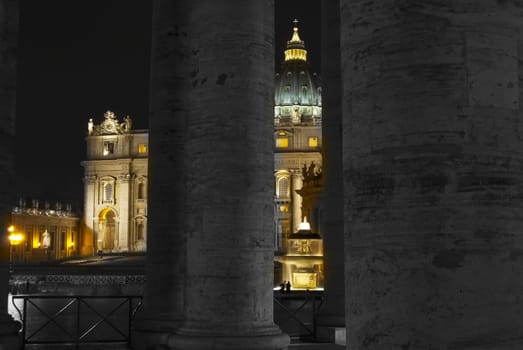 Rome. Vatican City. St Peter square. The basilica of St Peter by night