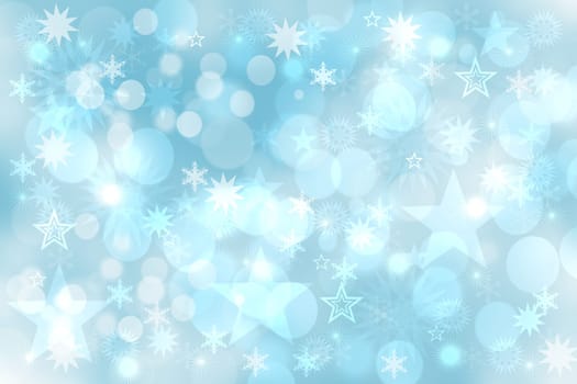 Christmas card template. Abstract festive light blue white winter christmas or New Year background texture with blurred bokeh lights and stars. Copy space for design.