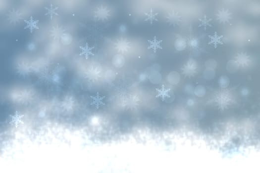 Abstract blurred festive winter christmas or Happy New Year background with shiny blue and white bokeh lighted snow landscape. Space for your design. Card concept.
