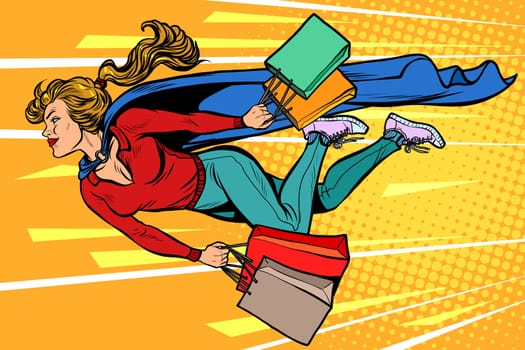 superhero woman flying with shopping. sales and discounts in stores. pop art retro vector illustration kitsch vintage drawing 50s 60s