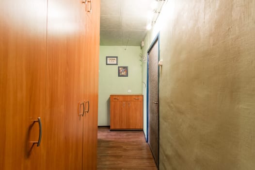 Russia, Moscow- July 02, 2019: interior room apartment. standard repair decoration in hostel. old not modern decor