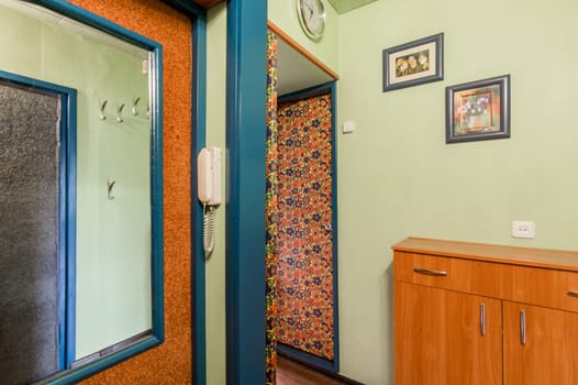 Russia, Moscow- July 02, 2019: interior room apartment. standard repair decoration in hostel. old not modern decor