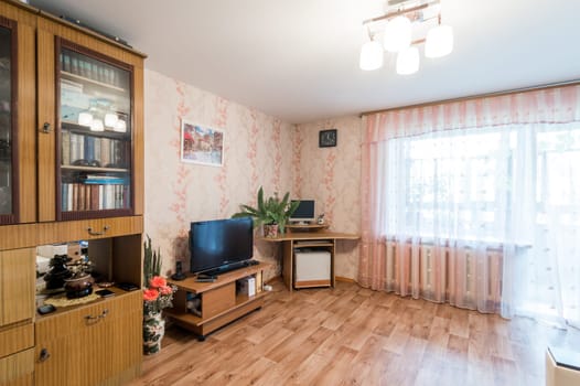 Russia, Moscow- July 01, 2019: interior room apartment. standard repair decoration in hostel
