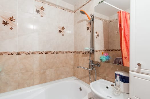 Russia, Moscow- July 01, 2019: interior room apartment. standard repair decoration in hostel. bathroom and toilet