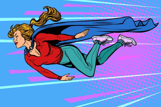 woman superhero flies. female power. pop art retro vector illustration kitsch vintage drawing 50s 60s