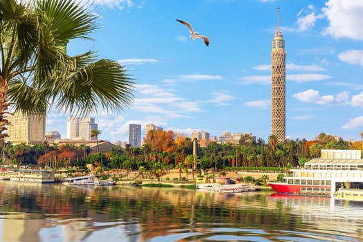 Cairo downtown, view on the Nile and the Tower, Egypt.