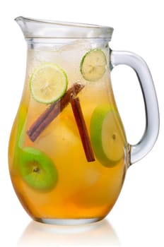 Pitcher of cold iced apple cinnamon lemonade or drink, isolated
