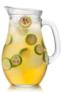 Pitcher of cold iced feijoa lemonade or drink, isolated