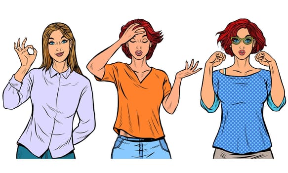 Set collection gestures of beautiful women. Pop art retro vector illustration drawing vintage kitsch