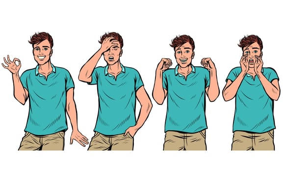 young man gestures set. Pop art retro vector illustration drawing vintage kitsch