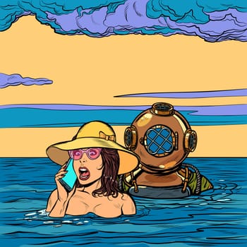 Diver rescues drowning woman. Pop art retro vector illustration drawing
