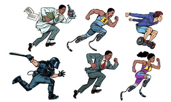 set collection scholar athlete runner disabled police youth gyrometer businessman. Pop art retro vector illustration drawing