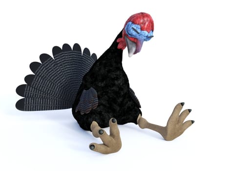 3D rendering of a silly cartoon turkey sitting and sleeping, tired after Thanksgiving celebration. White background.