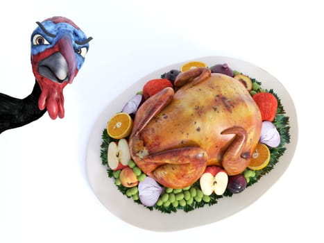 3D rendering of a silly cartoon turkey looking angry when he sees a roasted turkey on a thanksgiving platter. White background.