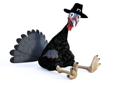 3D rendering of a silly cartoon turkey sitting and wearing a pilgrim hat, tired after Thanksgiving celebration. White background.