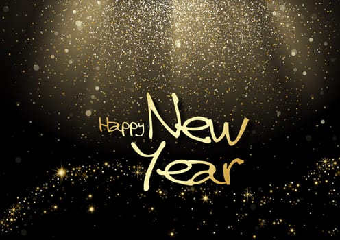 Happy New Year Greeting Card with Golden Light Beams and Abstract Holiday Background with Starry Wave - Luxury Illustration on Black
