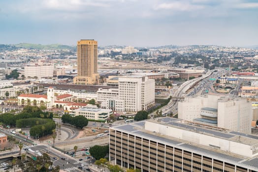 Aerial Los Angeles downtown skyscrapers in Los Angeles California USA