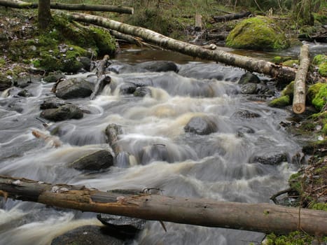 fallen trees over a fast stream long exposure