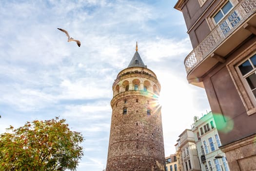 Galata Tower in the autumn sun, Istanbul, Turkey.