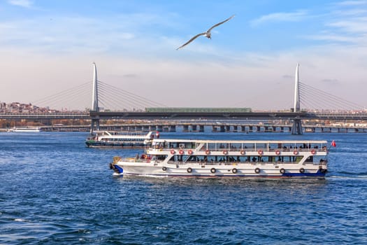 Ferries in the Bosphorus and the Halic Metro Bridge, Istanbul.
