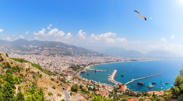 Alanya port in the harbour, panoramic view from the Alanya castle, Turkey.