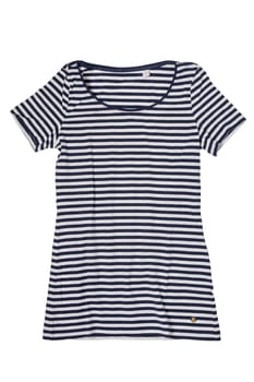 Denim shirt isolated. Closeup of a stylish blue white striped shirt or t-shirt for women with short sleeves isolated on a white background. Womans summer fashion in marine style.