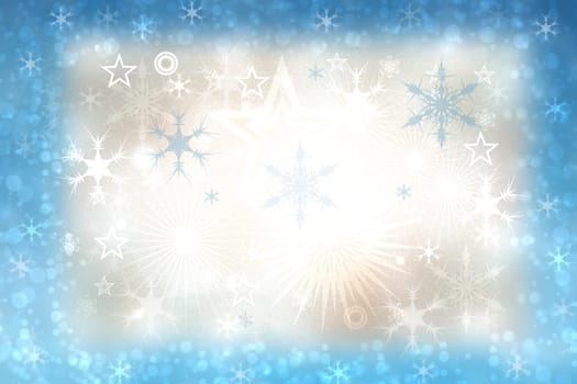 Christmas card template. Abstract festive natural light blue white winter christmas background texture with blue andbokeh lighted snowflakes, stars and a frame. Beautiful card design.