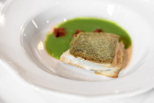 Roasted fish fillet under a bread crust. Served on a green vegetable sauce. Selective focus.