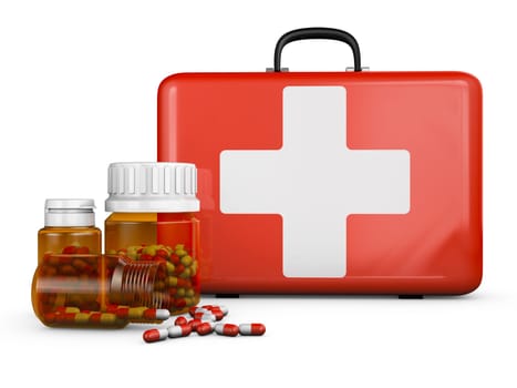A red suitcase with a cross next to bottles and capsules of medicines. 3d render.