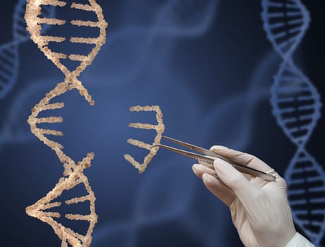 DNA molecule and a hand with tweezers. 3d render.