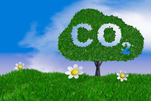 Tree in the meadow with the inscription CO2. 3d render.
